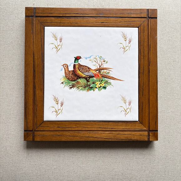 Vintage Quail Pheasant Wood Frame Ceramic Tile Wall Decor Plaque Porcelain 8.5" - Picture 1 of 6
